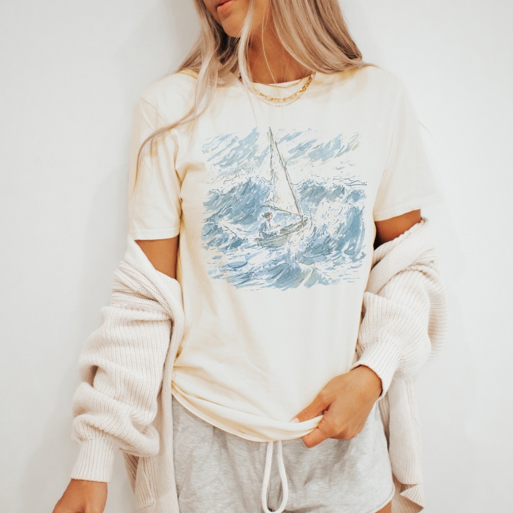 Sailboat Adventure Graphic Tee Watercolor Wave Art Design